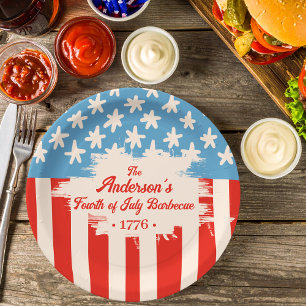Red White&Blue Star & Stripe Family Name Barbecue Paper Plate
