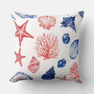 RED WHITE BLUE STARFISH SEASHELLS & PLANTS CUSHION