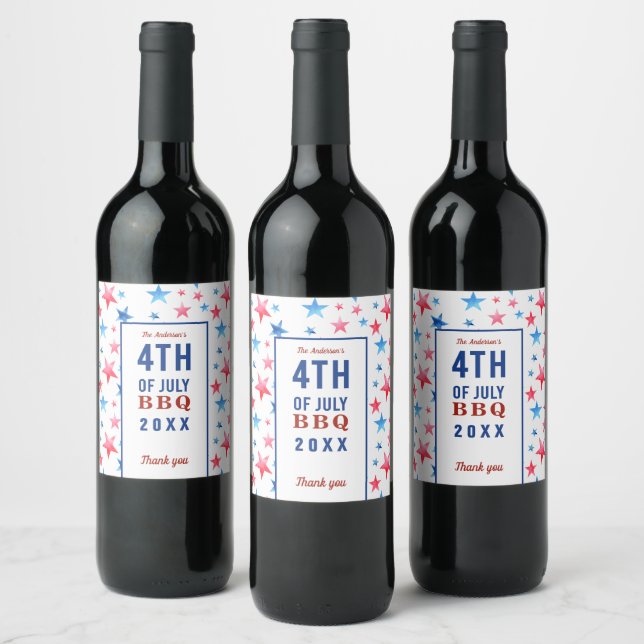 Red White & Blue Stars 4th of July Barbecue Wine Label (Bottles)