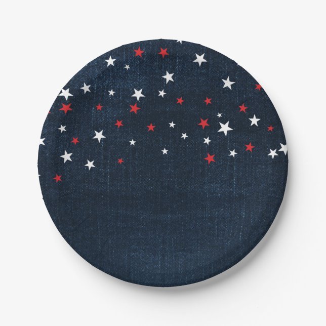 Red White & Blue Stars Denim Custom Party Paper Plate (Front)