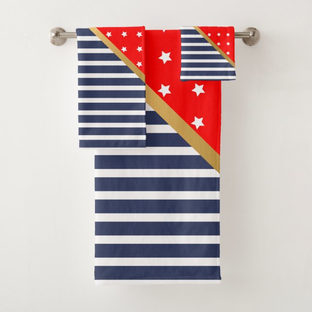 RED WHITE BLUE STARS & STRIPES BATHROOM TOWEL SET (Insitu)