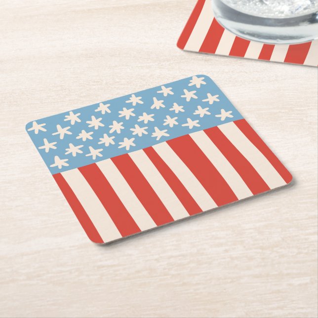 Red White & Blue Stars & Stripes Family Barbecue Square Paper Coaster (Angled)