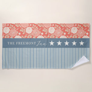 Red White Blue Stars Stripes Floral Block print  Beach Towel
