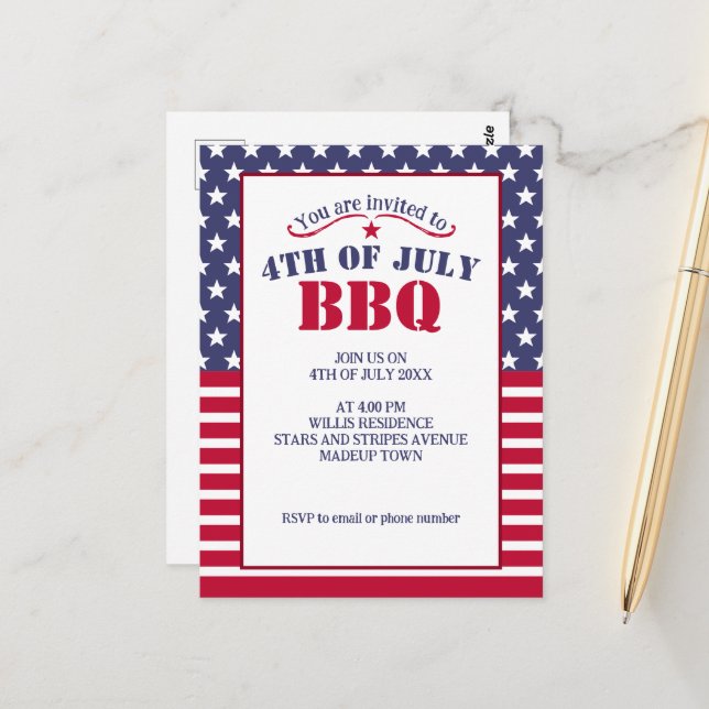 Red White Blue Stars Stripes USA flag 4 July BBQ Postcard (Front/Back In Situ)
