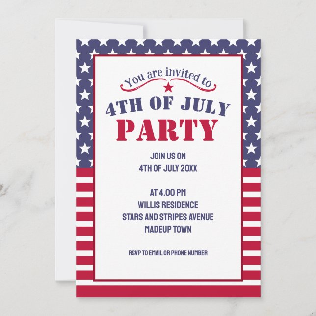 Red White Blue Stars Stripes USA flag 4 July Party Invitation (Front)