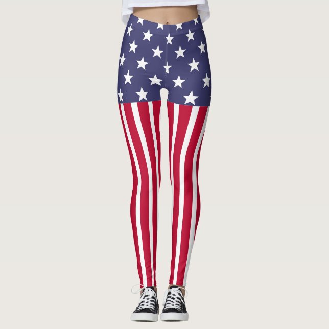Red White Blue Stars Stripes USA flag Leggings (Front)