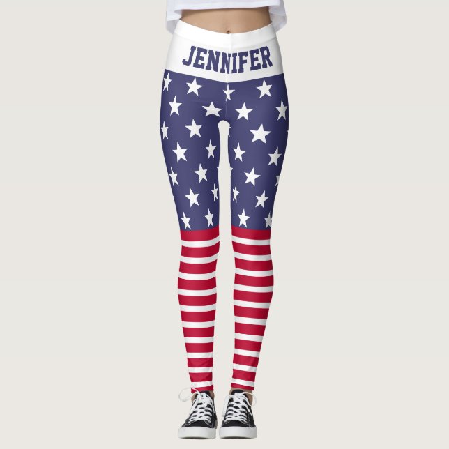 Red White Blue Stars Stripes USA flag Your name Leggings (Front)