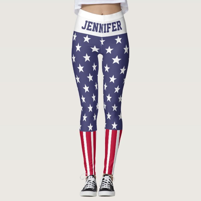 Red White Blue Stars Stripes USA flag Your name Leggings (Front)