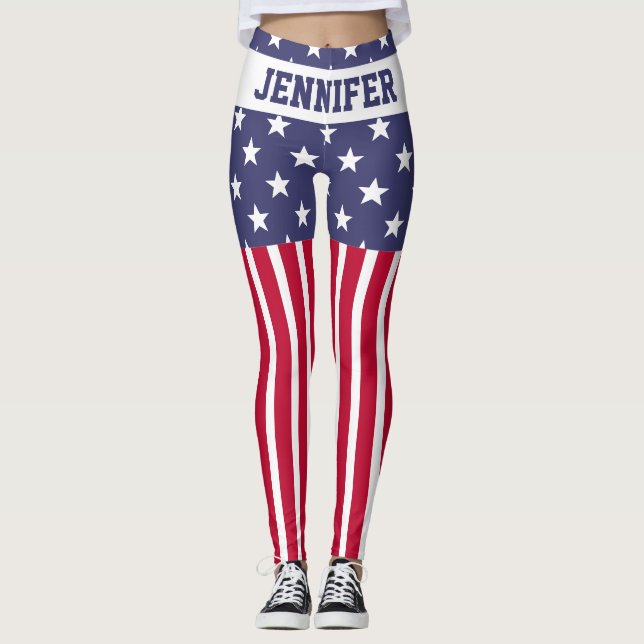 Red White Blue Stars Stripes USA flag Your name Leggings (Front)
