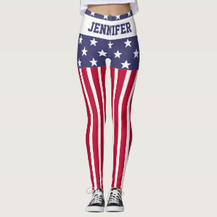 Red White Blue Stars Stripes USA flag Your name Leggings