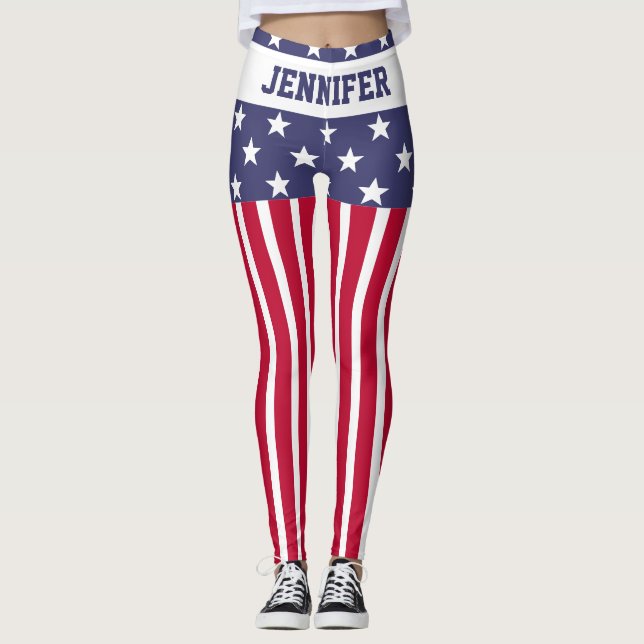 Red White Blue Stars Stripes USA flag Your name Leggings (Front)