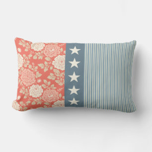 Red White Blue Stripe Block Print Stars Lumbar Cushion