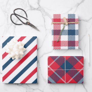 Red, White & Blue Striped & Plaid Wrapping Paper