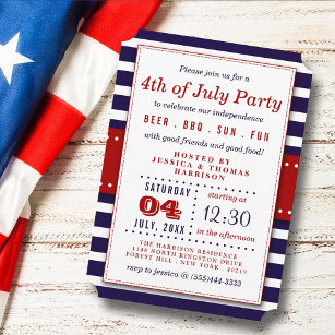 Red, White & Blue Stripes 4th Of July Party Invitation