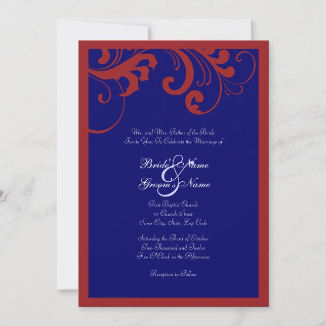 Red, White, & Blue Swirls Frame Wedding Invitation (Front)