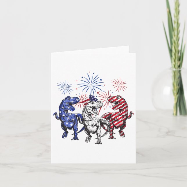 Red White Blue T Rex Dinosaur Firework 4th Of July Card (Front)
