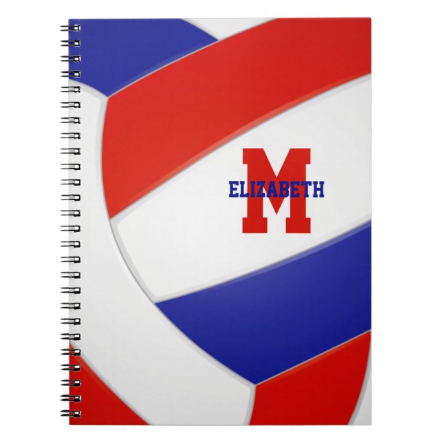 red white blue team colors girls boys volleyball notebook (Front)