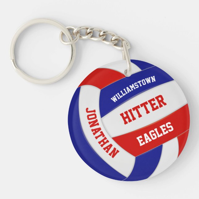 red white blue team colours personalised volleybal key ring (Front)