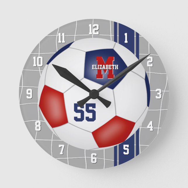 red white blue team colours varsity stripes soccer round clock (Front)