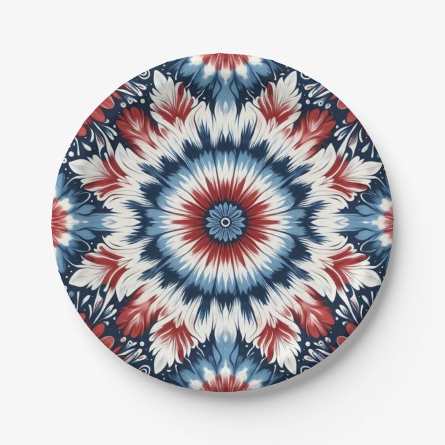 Red, White & Blue Tie-dye Paper Plate (Front)