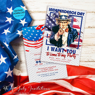 Red, White & Blue Uncle Sam 4th Of July Party Invitation