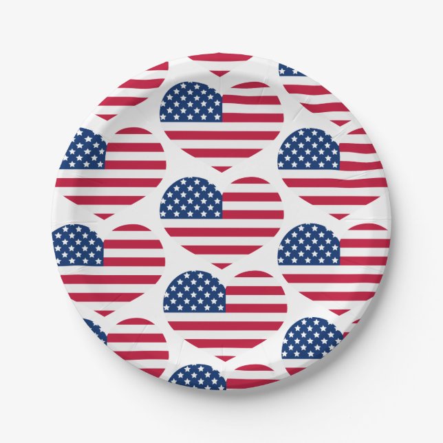 Red White Blue USA Flag Hearts 4th July Patriotic Paper Plate (Front)