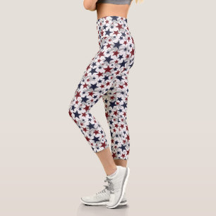 Red White Blue USA Star Spangled Pattern Capri Leggings