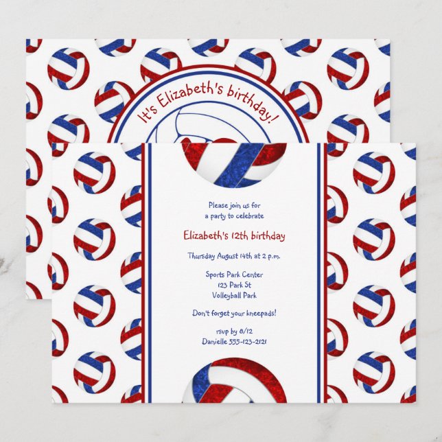 red white blue volleyball girl's birthday party invitation (Front/Back)