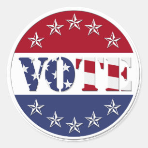 Red White & Blue VOTE with US Flag & Stars - round Classic Round Sticker