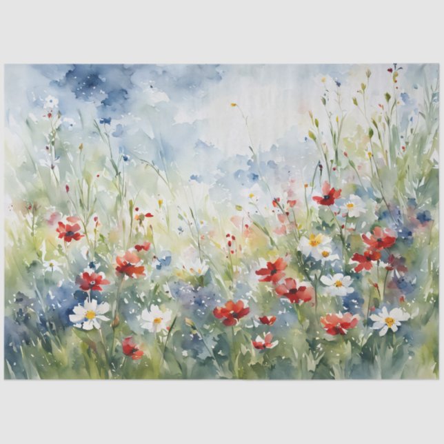 Red White Blue Watercolor Flowers Decoupage Tissue Paper (Front)