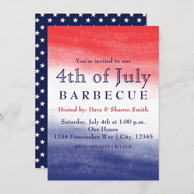 Red White & Blue Watercolor Patriotic Invitations (Front/Back)