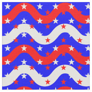 Red White Blue Wave Lines with Stars Fabric