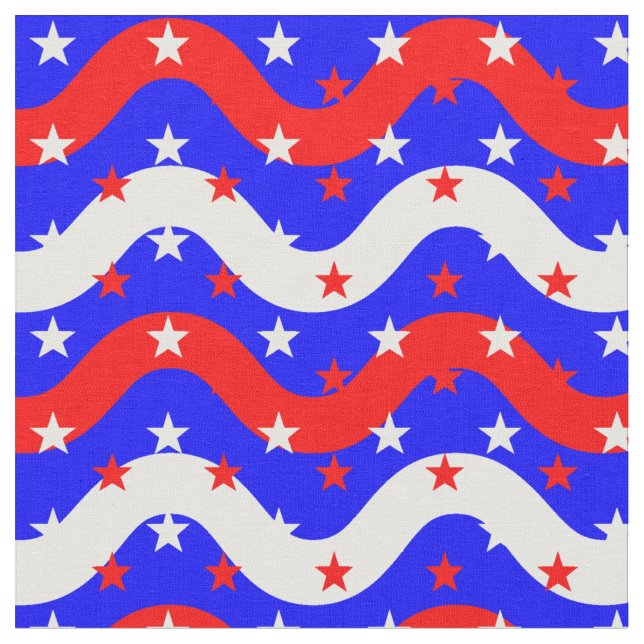 Red White Blue Wave Lines with Stars Fabric (Close Up)