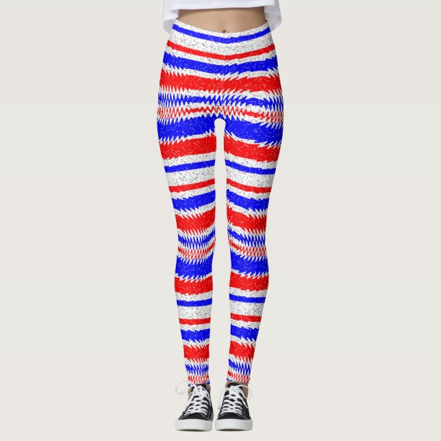 Red White Blue Waving Lines Leggings (Front)