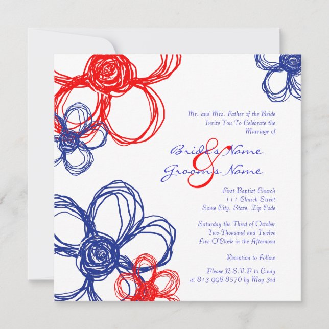 Red, White, Blue Wild Flowers Wedding Invitation (Front)