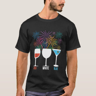 Red White Blue Wine Glasses USA Firework 4th Of Ju T-Shirt