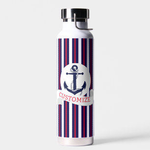 Red, White & Blue With Anchor Custom Water Bottle