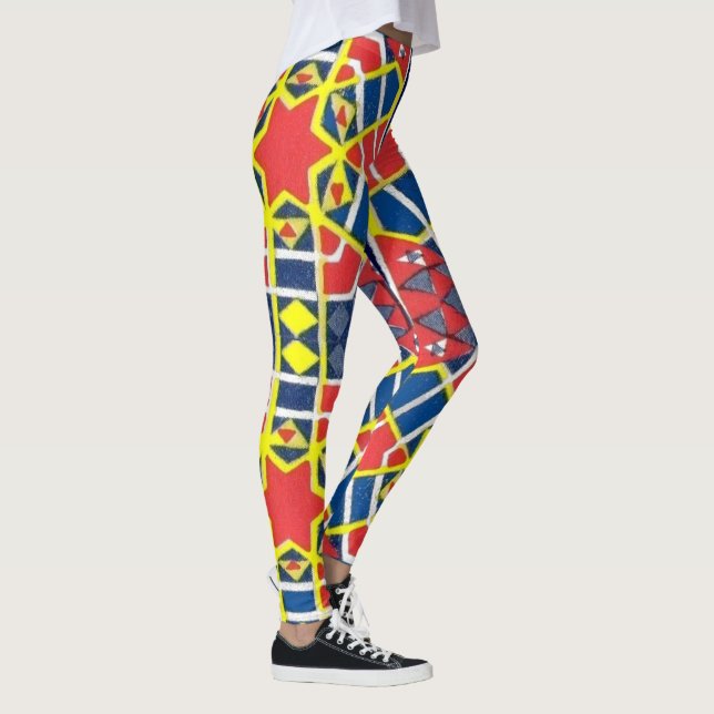 red white blue yellow abstract print leggings (Right)