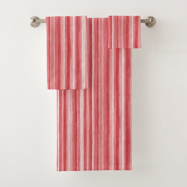 Red White Blush Pink Stripes Bath Towel Set (Insitu)