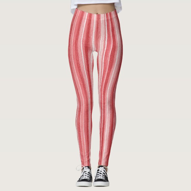 Red White Blush Pink Stripes Leggings (Front)