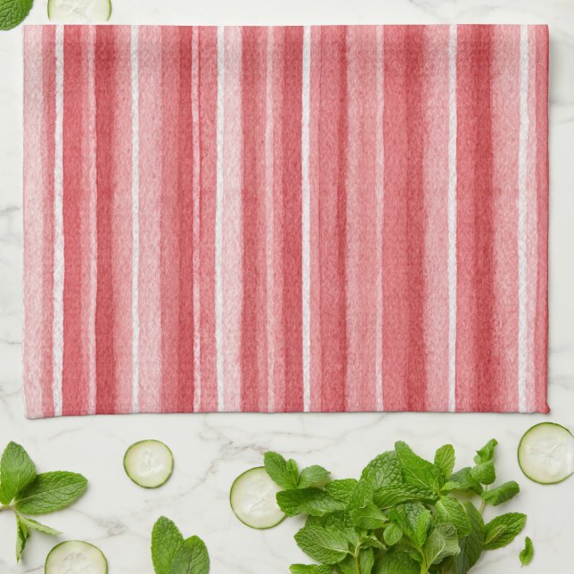 Red White Blush Pink Stripes Tea Towel (Folded)