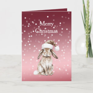 Red White Bokeh Dots Christmas Bunny Rabbit Hat Card