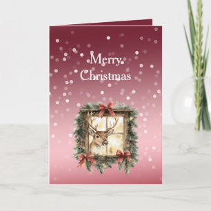 Red White Bokeh Dots Christmas Deer in Window Card