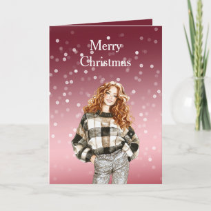 Red White Bokeh Dots Christmas Girl Card