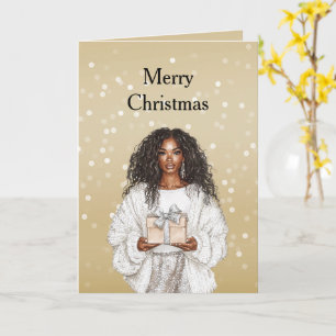 Red White Bokeh Dots Christmas Pretty Black Girl Card