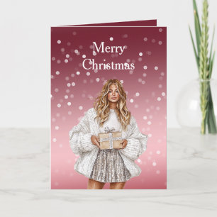 Red White Bokeh Dots Christmas Pretty Blond Girl Card