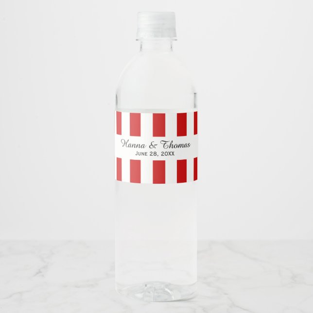 Red White Bold Stripes Wedding Water Bottle Label (Front)
