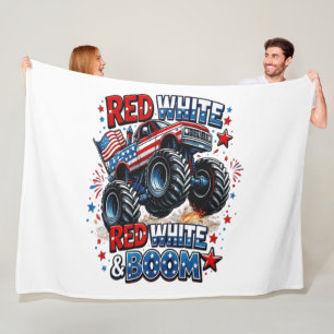 Red White Boom Monster Truck Fleece Blanket