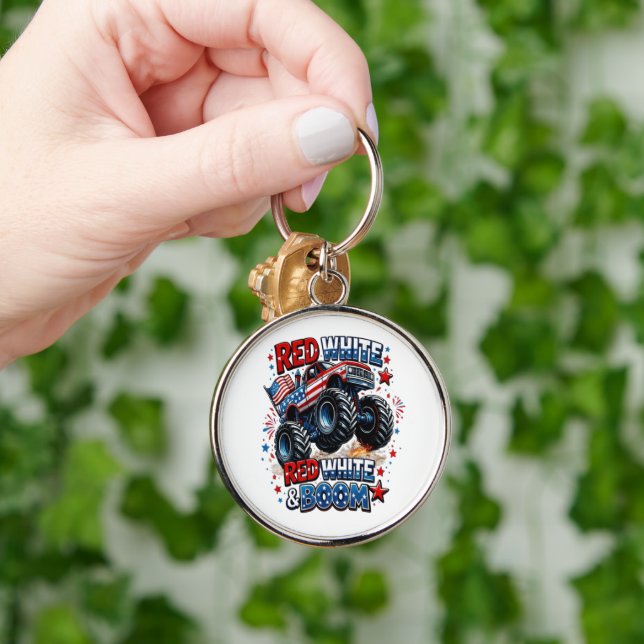 Red White Boom Monster Truck Key Ring (Hand)