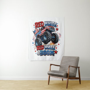Red White Boom Monster Truck Tapestry